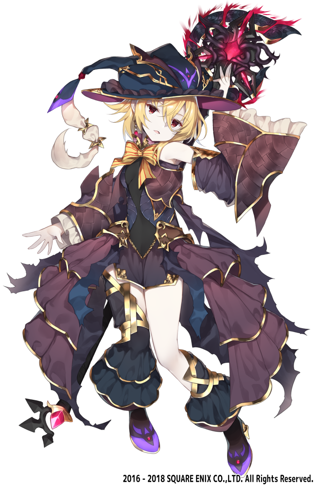 1girl arm_up bangs bare_shoulders black_hat blonde_hair bow breasts brown_dress character_request commentary_request detached_sleeves dress eyebrows_visible_through_hair full_body grimms_notes hair_between_eyes hat head_tilt high_heels long_sleeves looking_at_viewer parted_lips purple_footwear red_eyes shoes simple_background sleeveless sleeveless_dress small_breasts solo staff star striped striped_bow watermark white_background wide_sleeves witch_hat yappen yellow_bow