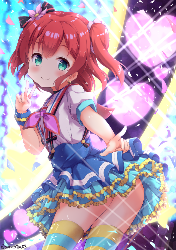 1girl aozora_jumping_heart aqua_eyes bangs black_choker blue_skirt blush bow choker commentary_request confetti diffraction_spikes earrings flower hair_bow hair_flower hair_ornament heart heart_earrings jewelry kurosawa_ruby looking_at_viewer love_live! love_live!_sunshine!! neckerchief niwasane_(saneatsu03) pink_neckwear pointing redhead sailor_collar short_sleeves skirt smile solo striped striped_bow striped_legwear suspender_skirt suspenders thigh-highs twitter_username two_side_up v