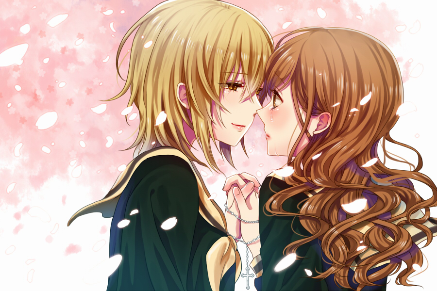 2girls ayaca blonde_hair brown_eyes brown_hair cherry_blossoms closed_mouth crying crying_with_eyes_open from_side hair_between_eyes hand_holding imminent_kiss interlocked_fingers jewelry light_smile long_hair maria-sama_ga_miteru multiple_girls necklace petals profile rosary satou_sei school_uniform serafuku short_hair tears toudou_shimako upper_body wavy_hair