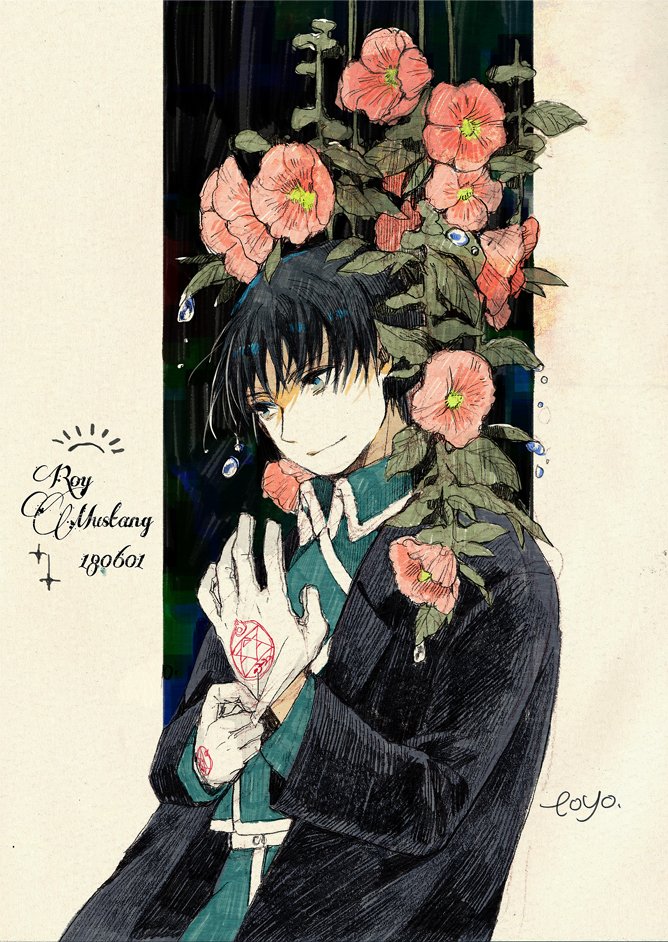 1boy 2018 adjusting_clothes adjusting_gloves alternate_eye_color amestris_military_uniform artist_name black_coat black_hair blue_eyes camellia character_name coat cowboy_shot dated eyebrows_visible_through_hair flower fullmetal_alchemist gloves looking_away male_focus military military_uniform plant red_flower roy_mustang shaded_face short_hair smile teardrop two-tone_background uniform upper_body water