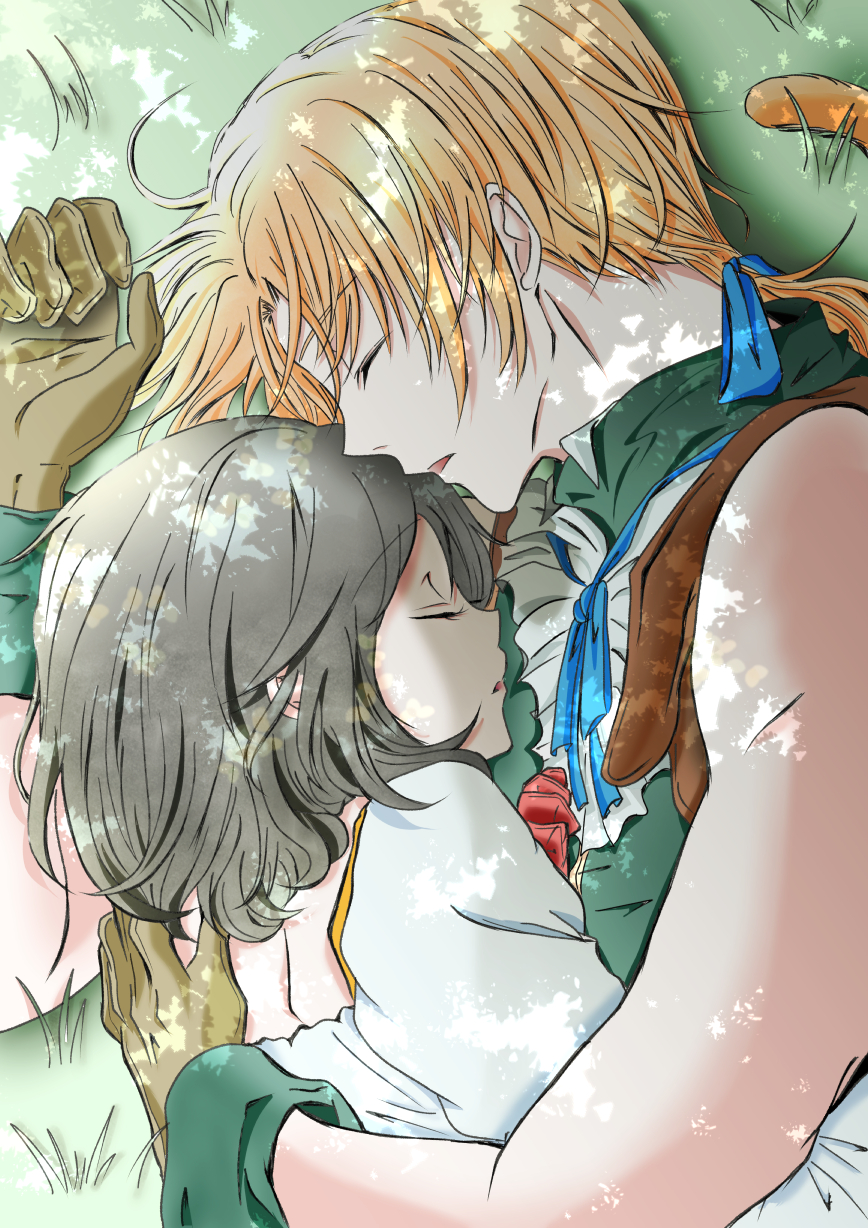 1boy 1girl black_hair blonde_hair bow bowtie commentary_request cuddling final_fantasy final_fantasy_ix garnet_til_alexandros_xvii gloves highres hug minimum_key short_hair sleeping tail zidane_tribal