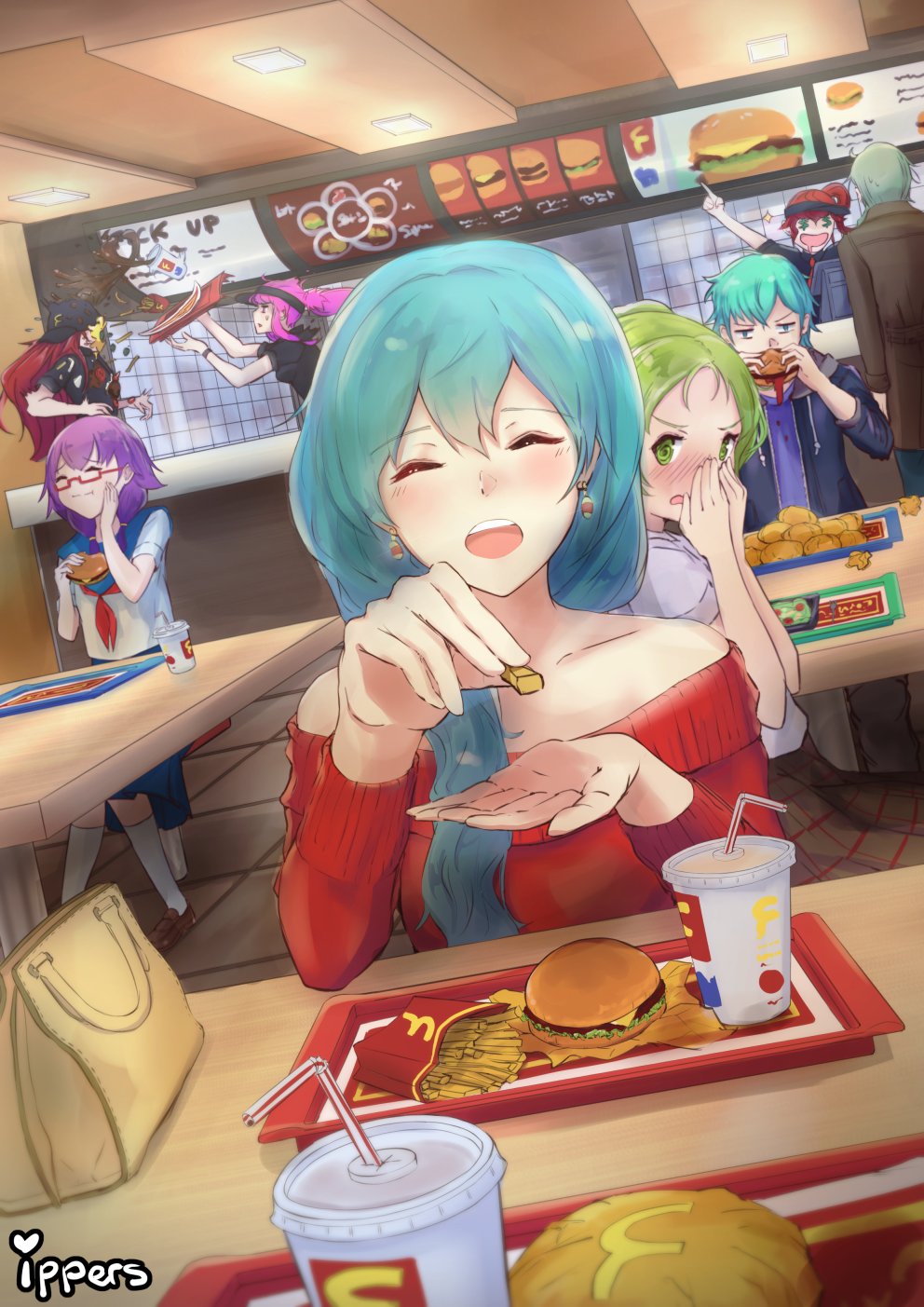 1girl aqua_hair bag bare_shoulders blush brown_footwear character_request chicken_nuggets closed_eyes closed_mouth commentary cup cute disposable_cup dropping earrings eating eirika employee_uniform english_commentary eyebrows_visible_through_hair fast_food fast_food_uniform fire_emblem fire_emblem:_seima_no_kouseki fire_emblem:_the_sacred_stones fire_emblem_8 fire_emblem_heroes food french_fries hair_between_eyes hamburger handbag highres holding holding_food intelligent_systems ippers jewelry long_hair mcdonald's menu nintendo off-shoulder_sweater open_mouth outstretched_hand pointing red_sweater restaurant salad school_uniform serafuku smile soft_drink sweater table tile_floor tiles tray uniform visor_cap white_legwear