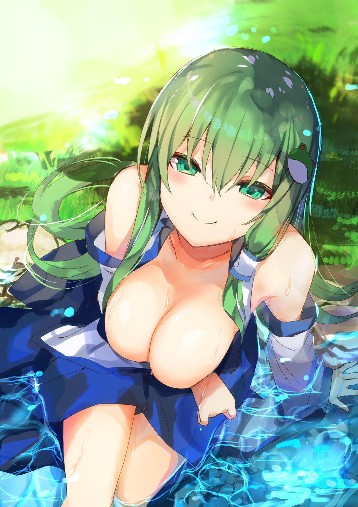 1girl amamitsu_kousuke arm_across_waist arm_support bangs blush breasts cleavage collarbone day detached_sleeves eyebrows_visible_through_hair frog frog_hair_ornament from_above green_eyes green_hair hair_between_eyes hair_ornament highres kochiya_sanae long_hair looking_at_viewer nontraditional_miko outdoors partially_submerged shirt sidelocks sitting sleeveless sleeveless_shirt smile snake_hair_ornament solo touhou wet