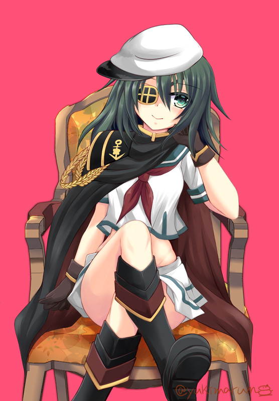 1girl armchair black_gloves blush chair closed_mouth eyebrows_visible_through_hair eyepatch gloves green_eyes green_hair hat kantai_collection kiso_(kantai_collection) looking_at_viewer neckerchief pink_background red_neckwear short_hair simple_background sitting skirt smile solo tamagawa_yukimaru twitter_username white_hat white_skirt
