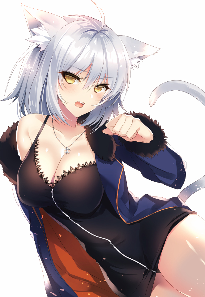 1girl ahoge animal_ears black_dress black_panties blue_cape breasts cape cat_ears cat_tail cleavage collarbone dress eyebrows_visible_through_hair fate/grand_order fate_(series) fur_trim hair_between_eyes jeanne_d'arc_(alter)_(fate) jeanne_d'arc_(fate)_(all) jewelry kurumi_moka large_breasts looking_at_viewer necklace open_mouth panties pantyshot shiny shiny_hair shiny_skin short_dress short_hair silver_hair simple_background sleeveless sleeveless_dress solo tail underwear white_background yellow_eyes