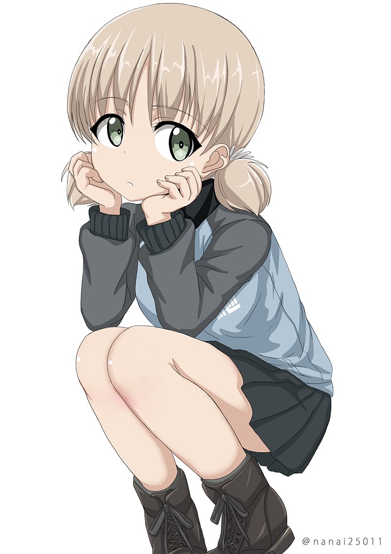 1girl aki_(girls_und_panzer) ankle_boots bangs blue_footwear blue_jacket blue_skirt boots chin_rest closed_mouth commentary cross-laced_footwear emblem eyebrows_visible_through_hair girls_und_panzer grey_legwear hair_tie jacket keizoku_military_uniform lace-up_boots light_brown_hair long_sleeves looking_at_viewer military military_uniform miniskirt pleated_skirt raglan_sleeves shibagami short_hair short_twintails simple_background skirt socks solo squatting track_jacket twintails twitter_username uniform white_background