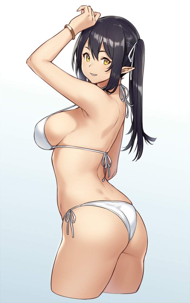 1girl armpits ass bangs bare_shoulders bikini black_hair bracelet breasts commentary_request elf elf_(houtengeki) gradient gradient_background hand_up highres houtengeki jewelry large_breasts long_hair looking_at_viewer looking_back original parted_lips pointy_ears shiny shiny_hair side-tie_bikini sideboob sidelocks simple_background smile solo swimsuit twintails white_bikini yellow_eyes