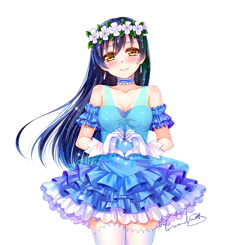 1girl bangs bare_shoulders blue_hair blush choker cowboy_shot dress earrings flower gloves grandia_bing hair_between_eyes hair_flower hair_ornament head_wreath heart heart_hands jewelry long_hair looking_at_viewer love_live! love_live!_school_idol_project simple_background smile solo sonoda_umi thigh-highs white_background white_gloves white_legwear yellow_eyes yume_no_tobira