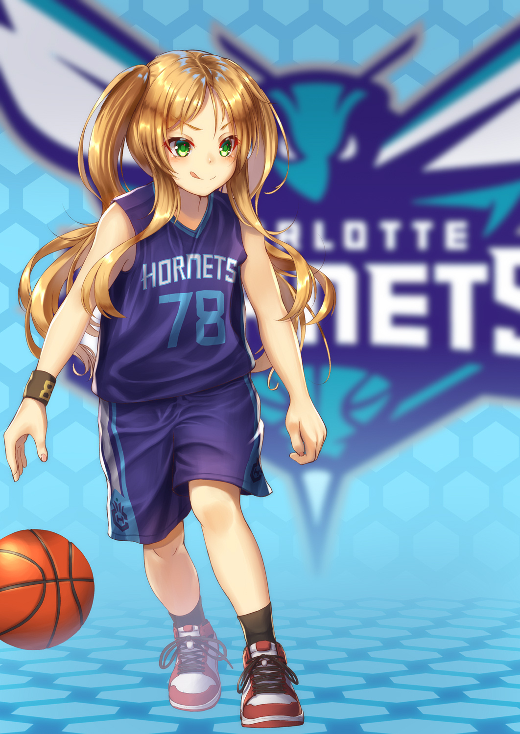 1girl azur_lane bangs bare_shoulders basketball blonde_hair charlotte_hornets full_body green_eyes highres honeycomb_(pattern) honeycomb_background hornet_(azur_lane) jersey logo long_hair namesake national_basketball_association parted_bangs shoes shorts sneakers socks solo sportswear sweatband tongue tongue_out twintails yakkuro