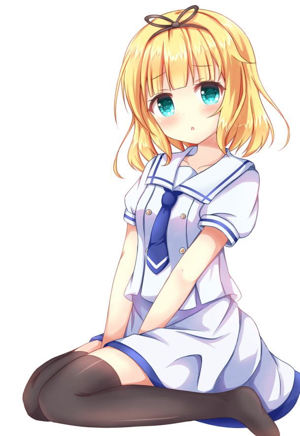 1girl :o alternate_costume black_legwear black_ribbon blonde_hair blue_neckwear blush breasts collarbone commentary cosplay full_body gochuumon_wa_usagi_desu_ka? green_eyes hair_ribbon kafuu_chino's_school_uniform kedama_(kedama_akaza) kirima_sharo looking_at_viewer necktie no_shoes parted_lips puffy_short_sleeves puffy_sleeves ribbon sailor_collar school_uniform shirt short_sleeves simple_background sitting skirt skirt_set small_breasts solo thigh-highs wariza white_background white_sailor_collar white_shirt white_skirt