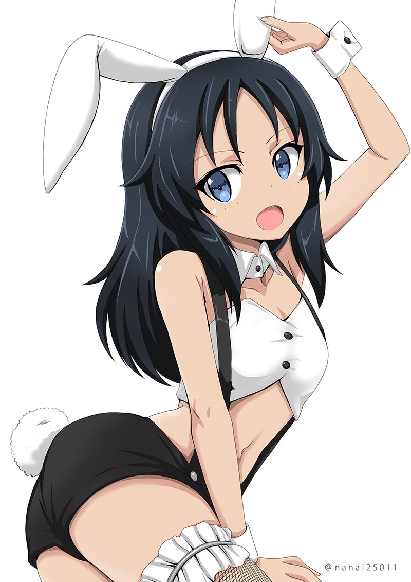 1girl :d animal_costume animal_ears arm_support ass bangs black_shorts blue_eyes blue_hair bunny_costume bunny_tail commentary detached_collar fake_animal_ears fake_tail fishnet_legwear fishnets freckles garters girls_und_panzer hand_on_headwear long_hair looking_at_viewer looking_back lying on_side open_mouth rabbit_ears shibagami short_shorts shorts simple_background smile solo strapless suspender_shorts suspenders tail thigh-highs tubetop twitter_username white_background white_collar wing_collar wristband yamagou_ayumi