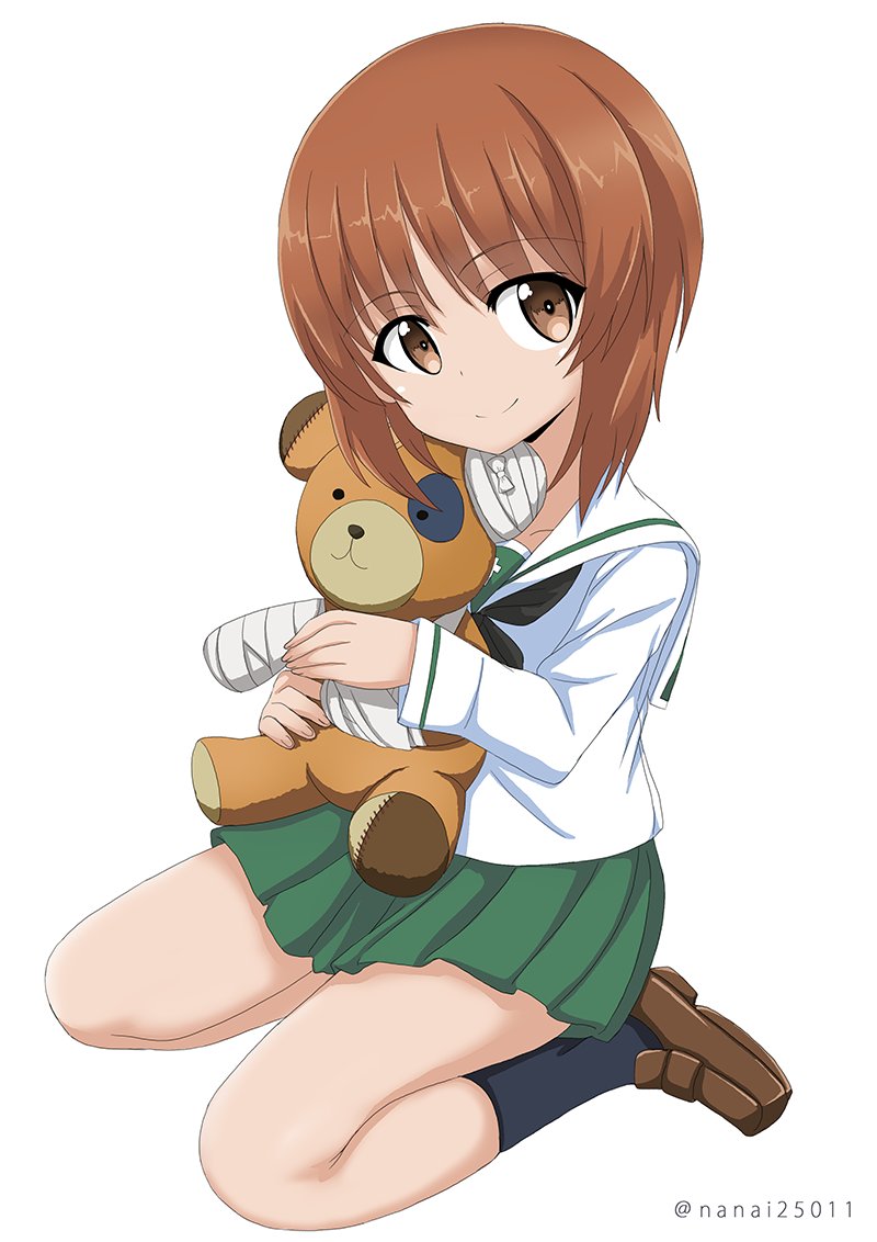 1girl bangs black_legwear black_neckwear blouse boko_(girls_und_panzer) brown_eyes brown_hair closed_mouth commentary eyebrows_visible_through_hair full_body girls_und_panzer green_skirt holding holding_stuffed_animal loafers long_sleeves looking_at_viewer miniskirt neckerchief nishizumi_miho ooarai_school_uniform pleated_skirt school_uniform serafuku shibagami shoes short_hair simple_background sitting skirt smile socks solo stuffed_animal stuffed_toy teddy_bear twitter_username wariza white_background white_blouse