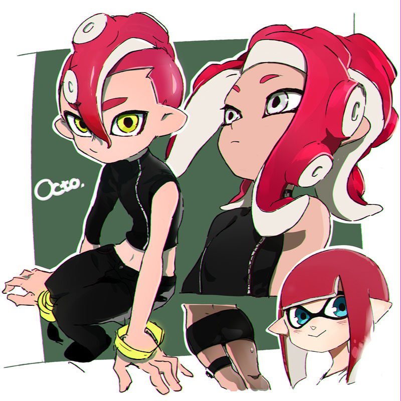 1boy 2girls :&gt; agent_8 asymmetrical_sleeves bare_shoulders black_pants black_skirt blue_eyes dark_skin domino_mask esu_(transc) grey_eyes inkling mask midriff multiple_girls octoling pants pencil_skirt pointy_ears redhead sitting skirt smile splatoon splatoon_2 splatoon_2:_octo_expansion tentacle_hair wristband yellow_eyes