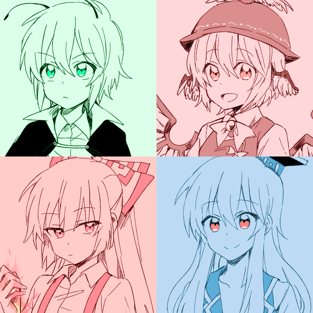 4girls :d antennae bangs bird_wings blue bow cape closed_mouth collage collarbone collared_shirt eyebrows_visible_through_hair feathered_wings fire fujiwara_no_mokou green hair_between_eyes hair_bow hair_ornament hand_up hat kamishirasawa_keine long_hair looking_at_viewer looking_away monochrome multiple_girls mystia_lorelei neck_ribbon open_mouth pink portrait red red_eyes ribbon shirt short_hair simple_background six_(fnrptal1010) smile spot_color suspenders tareme touhou tsurime undershirt v-shaped_eyebrows winged_hat wings wriggle_nightbug