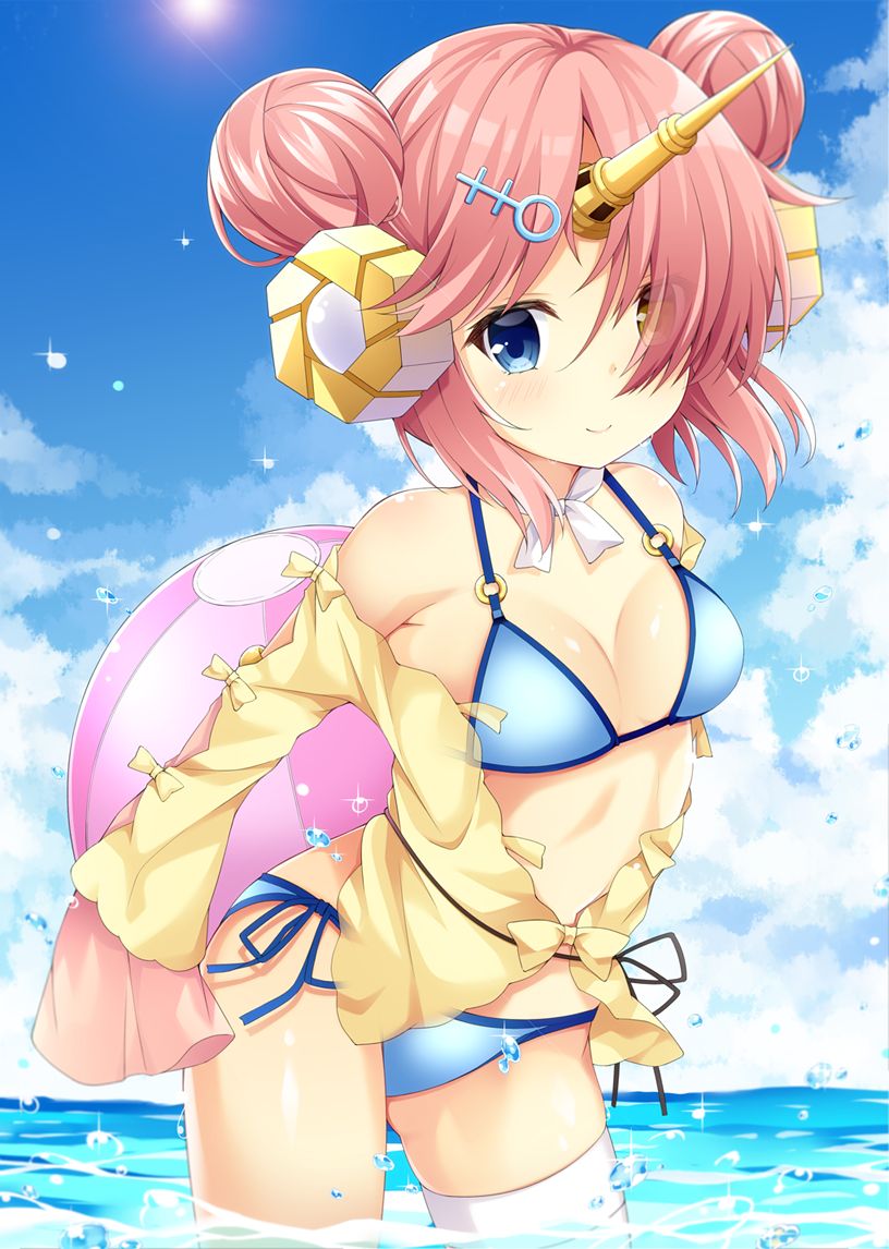 1girl asymmetrical_legwear ball bangs bare_shoulders beachball bikini blue_bikini blue_eyes blue_sky blush breasts brown_eyes closed_mouth clouds cloudy_sky commentary_request day double_bun eyes_visible_through_hair fate/grand_order fate_(series) frankenstein's_monster_(fate) frankenstein's_monster_(swimsuit_saber)_(fate) hair_ornament hair_over_one_eye heterochromia horizon horn jacket long_sleeves looking_at_viewer maccha medium_breasts o-ring o-ring_bikini o-ring_top ocean off_shoulder outdoors pink_hair side_bun single_thighhigh sky sleeves_past_fingers sleeves_past_wrists smile solo standing swimsuit thigh-highs wading water white_legwear yellow_jacket