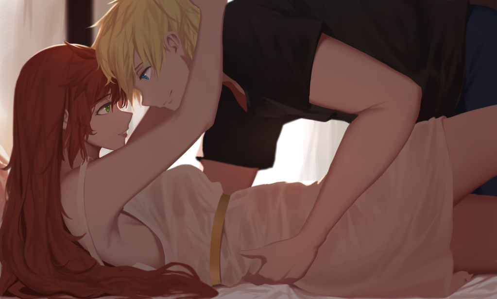 1boy 1girl arms_behind_back arms_behind_head bed blonde_hair blue_eyes dishwasher1910 foreplay green_eyes hair_down jaune_arc pyrrha_nikos redhead rwby smile