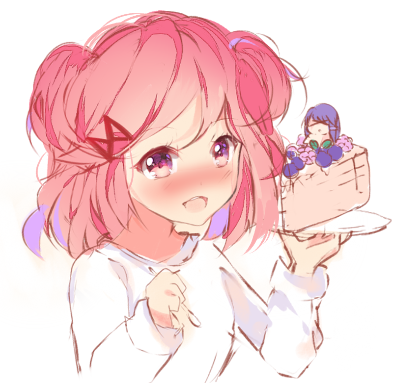 &gt;_&lt; 2girls :d ayadrevismad blush cake commentary doki_doki_literature_club english_commentary food hair_ornament hairclip in_food minigirl multiple_girls natsuki_(doki_doki_literature_club) open_mouth pink_eyes pink_hair plate simple_background sketch smile spoon two_side_up upper_body white_background yuri_(doki_doki_literature_club)