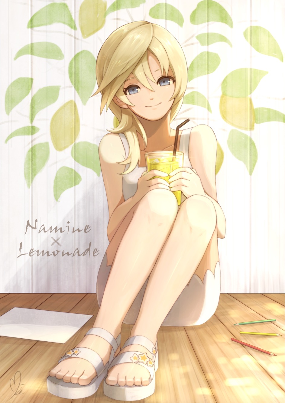 1girl bangs bare_arms bare_shoulders blonde_hair blue_eyes closed_mouth collarbone colored_pencil cup dress drink drinking_glass drinking_straw full_body hair_between_eyes hair_over_shoulder highres holding holding_drinking_glass kingdom_hearts lemonade long_hair looking_at_viewer mike_(mike-neko-chip) namine paper pencil sandals signature sitting smile solo star white_dress white_footwear wooden_floor