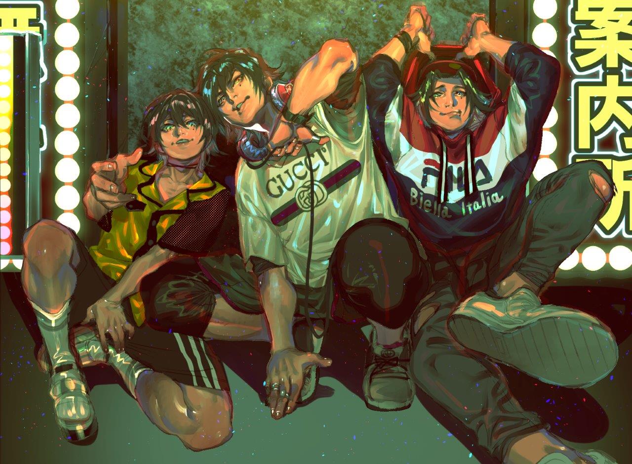 3boys bangs baseball_cap black_hair brothers choker closed_mouth crotch_grab dekucha_kawaii fila gucci hat headphones headphones_around_neck heterochromia hood hoodie hypnosis_mic jewelry male_focus mole mole_under_eye multiple_boys parted_bangs ring road shoes short_sleeves shorts siblings sign sitting smirk sneakers socks squatting street white_footwear white_legwear yamada_ichirou_(hypnosis_mic) yamada_jirou yamada_saburou