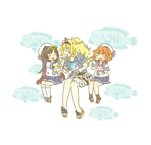 belt blonde_hair blue_shirt breast_pocket collared_shirt commentary_request dress etorofu_(kantai_collection) fish flower gambier_bay_(kantai_collection) hair_between_eyes hair_flower hair_ornament hairband hat jyako_(bara-myu) kantai_collection lowres matsuwa_(kantai_collection) multicolored multicolored_clothes multiple_girls pocket sailor_collar sailor_dress sailor_hat sandals shaved_ice shirt short_sleeves shorts socks twintails