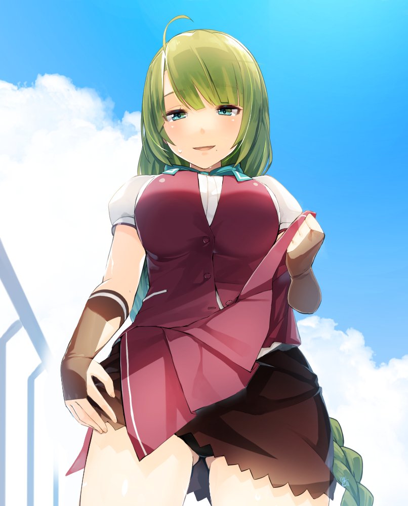 1girl :d ahoge bangs black_panties blue_bow blue_eyes blue_neckwear blue_sky blunt_bangs bow bowtie braid breasts brown_gloves brown_skirt buttons clouds cloudy_sky commentary_request cowboy_shot day eyebrows_visible_through_hair fingerless_gloves from_below gloves gluteal_fold green_hair kantai_collection large_breasts lifted_by_self long_hair meth_(emethmeth) mole mole_under_mouth open_mouth outdoors panties partly_fingerless_gloves puffy_short_sleeves puffy_sleeves purple_skirt purple_vest remodel_(kantai_collection) school_uniform shirt short_sleeves signature single_braid skirt skirt_lift sky smile solo underwear very_long_hair vest white_shirt yuugumo_(kantai_collection)