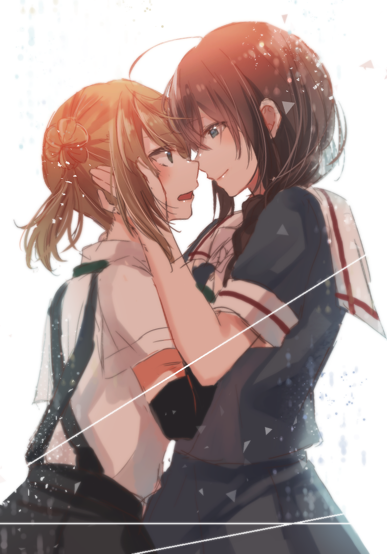 2girls ahoge bangs blonde_hair blue_eyes blush braid brown_hair commentary_request double_bun eye_contact eyebrows_visible_through_hair face-to-face from_side imminent_kiss kantai_collection long_hair looking_at_another michishio_(kantai_collection) multiple_girls open_mouth pleated_skirt profile rinto_(rint_rnt) school_uniform serafuku shigure_(kantai_collection) shirt short_sleeves short_twintails single_braid sketch skirt smile standing suspender_skirt suspenders twintails white_background white_shirt yuri