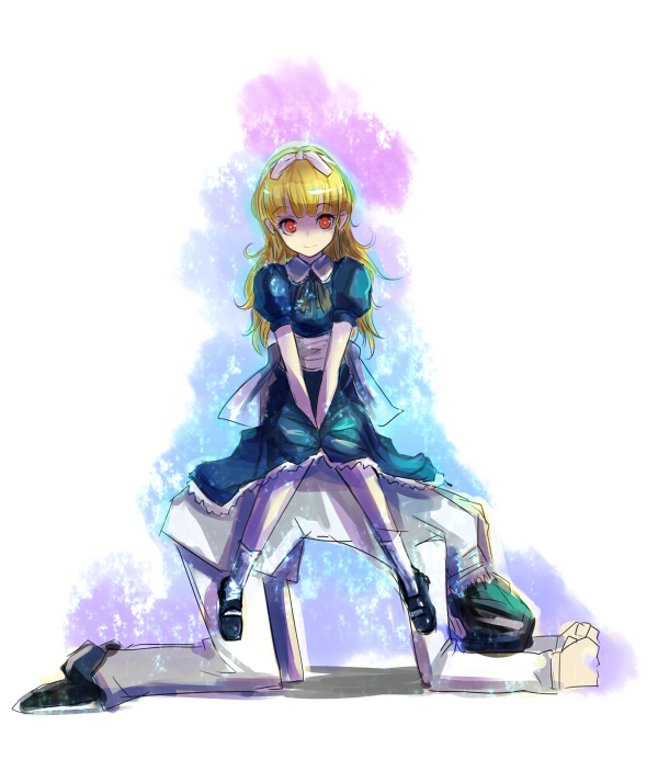 1boy 1girl alice_(megami_tensei) blonde_hair blue_dress character_request commentary_request dress hair_ribbon hairband kara_(color) long_hair mary_janes megami_tensei red_eyes ribbon shin_megami_tensei shoes smile