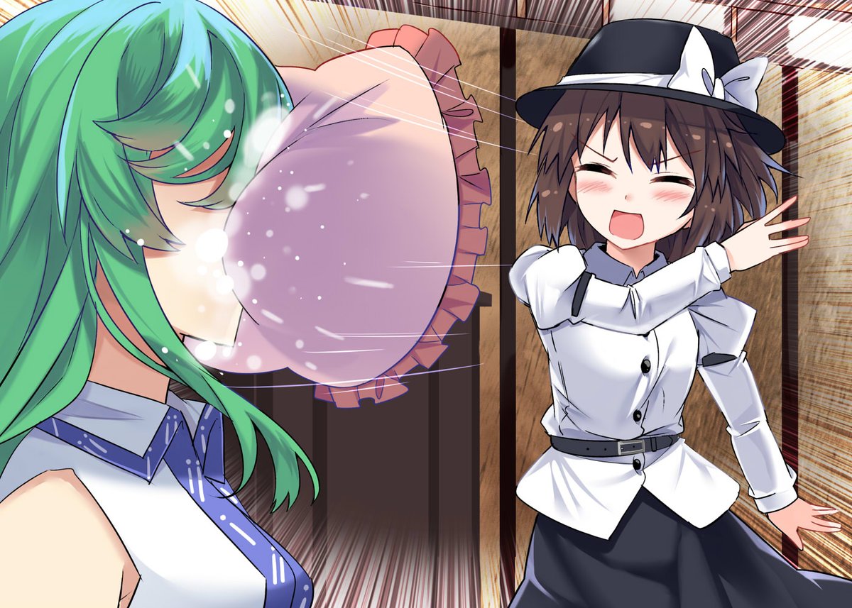 2girls bare_shoulders belt black_belt black_hat black_skirt blush bow breasts brown_hair closed_eyes commentary_request cowboy_shot e.o. emphasis_lines facing_another fedora frilled_pillow frills green_hair hat hat_bow indoors juliet_sleeves kochiya_sanae large_breasts long_hair long_sleeves multiple_girls open_mouth pillow portrait profile puffy_sleeves shirt short_hair sidelocks skirt standing throwing touhou usami_renko v-shaped_eyebrows white_bow white_shirt wing_collar