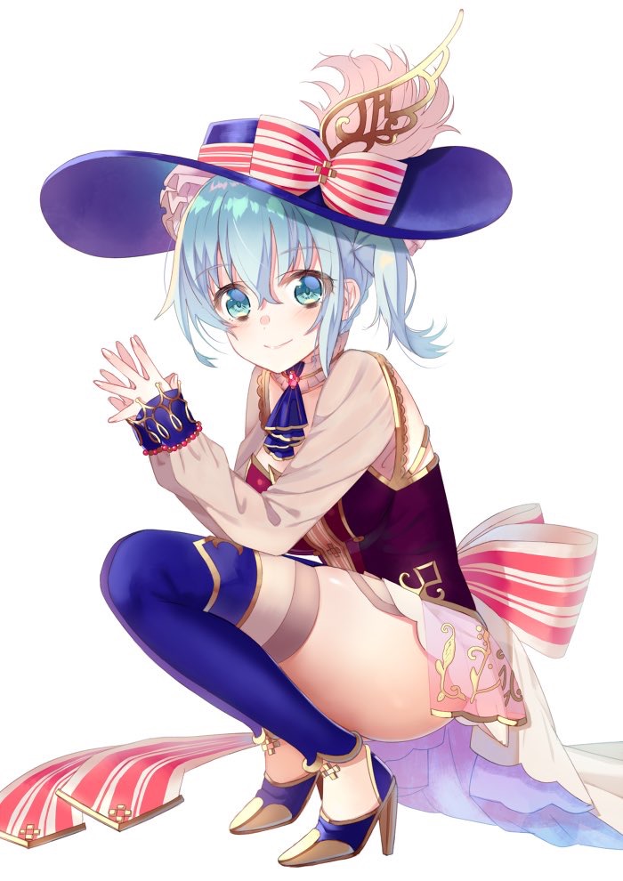 1girl atelier_(series) blue_eyes blue_hair blue_hat blue_legwear blue_neckwear bow closed_mouth cravat full_body hat hat_bow light_blue_hair looking_at_viewer minatoasu nelke_to_densetsu_no_renkinjutsushi_tachi nelke_von_luchetam own_hands_together short_hair side_ponytail simple_background skirt smile solo squatting striped striped_bow thigh-highs white_background