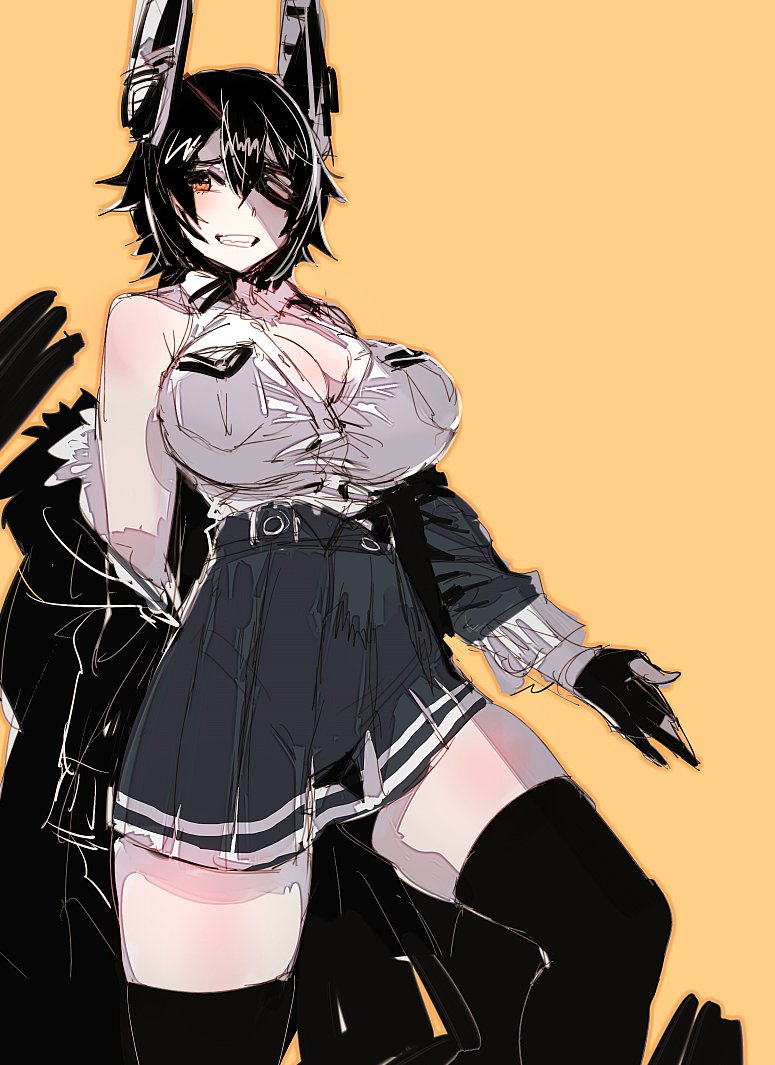 1girl bangs black_coat black_gloves black_legwear black_skirt blush bow_(bhp) breasts cleavage coat coat_removed cowboy_shot embarrassed eyepatch gloves grin hair_between_eyes headgear highleg highleg_panties kantai_collection large_breasts looking_at_viewer nervous_smile open_clothes open_shirt orange_eyes panties pleated_skirt remodel_(kantai_collection) see-through shiny shiny_hair shirt short_hair simple_background skindentation skirt sleeveless sleeveless_shirt smile solo tenryuu_(kantai_collection) thick_thighs thigh-highs thighs underwear white_shirt