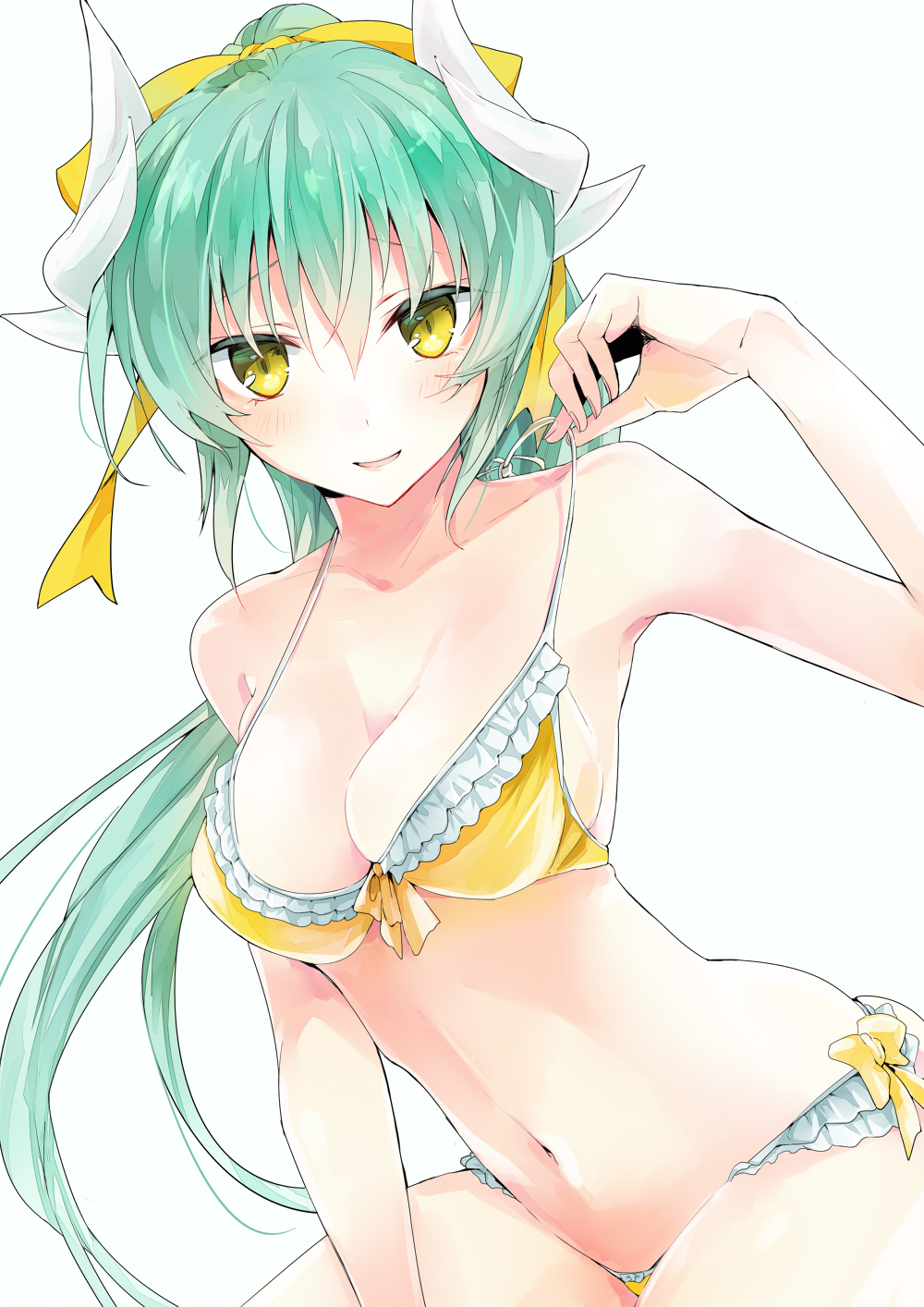 1girl arm_up bangs bare_arms bare_shoulders bikini blue_background blush bow breasts cleavage collarbone curled_horns dragon_horns eyebrows_visible_through_hair fate/grand_order fate_(series) fingernails green_hair hair_between_eyes highres horns kiyohime_(fate/grand_order) lifted_by_self long_hair looking_at_viewer medium_breasts navel parted_lips simple_background smile solo strap_lift swimsuit tomozero very_long_hair yellow_bikini yellow_bow yellow_eyes