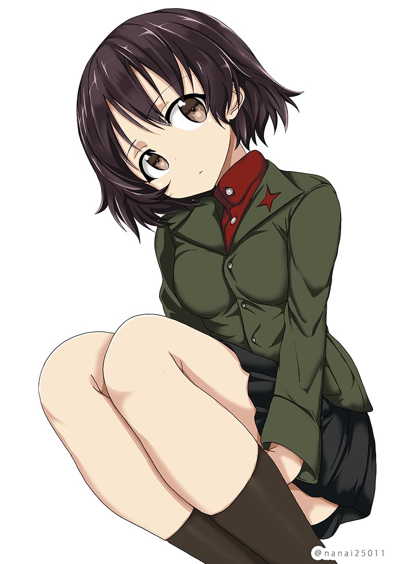 1girl alina_(girls_und_panzer) bangs black_legwear black_skirt brown_eyes brown_hair closed_mouth commentary emblem eyebrows_visible_through_hair frown girls_und_panzer green_jacket head_tilt jacket long_sleeves looking_at_viewer miniskirt pleated_skirt pravda_school_uniform red_shirt school_uniform shibagami shirt short_hair simple_background skirt socks solo squatting thigh_grab turtleneck twitter_username white_background