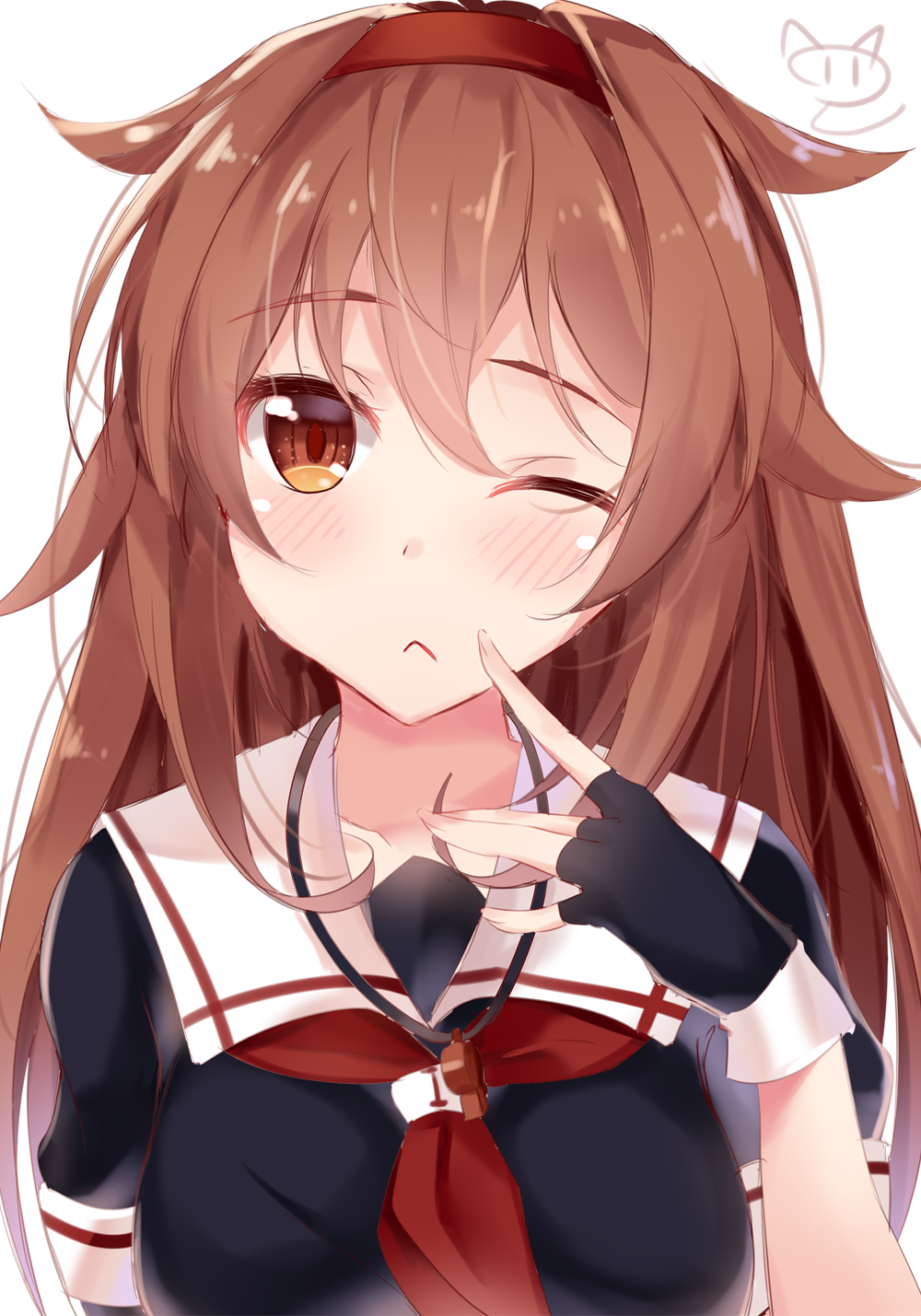 1girl :&lt; ;&lt; black_gloves black_serafuku blush brown_eyes brown_hair collarbone fingerless_gloves gloves hair_between_eyes hair_flaps hairband highres kantai_collection long_hair nahaki neckerchief one_eye_closed orange_hairband red_neckwear remodel_(kantai_collection) school_uniform serafuku shiratsuyu_(kantai_collection) short_sleeves simple_background solo white_background