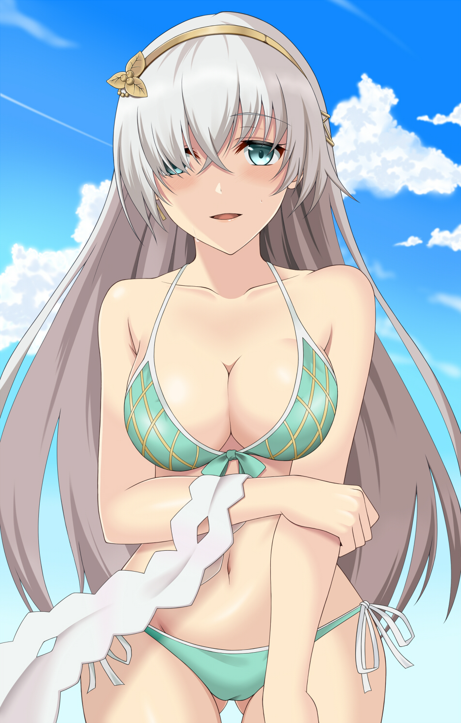 1girl :d anastasia_(fate/grand_order) bikini blue_eyes blue_sky breasts cleavage clouds collarbone cowboy_shot day earrings esuto eyebrows_visible_through_hair fate/grand_order fate_(series) gluteal_fold green_bikini groin hair_between_eyes hair_ornament hair_over_one_eye hairband highres jewelry long_hair looking_at_viewer medium_breasts navel open_mouth outdoors side-tie_bikini silver_hair sky smile solo standing swimsuit thigh_gap very_long_hair yellow_hairband