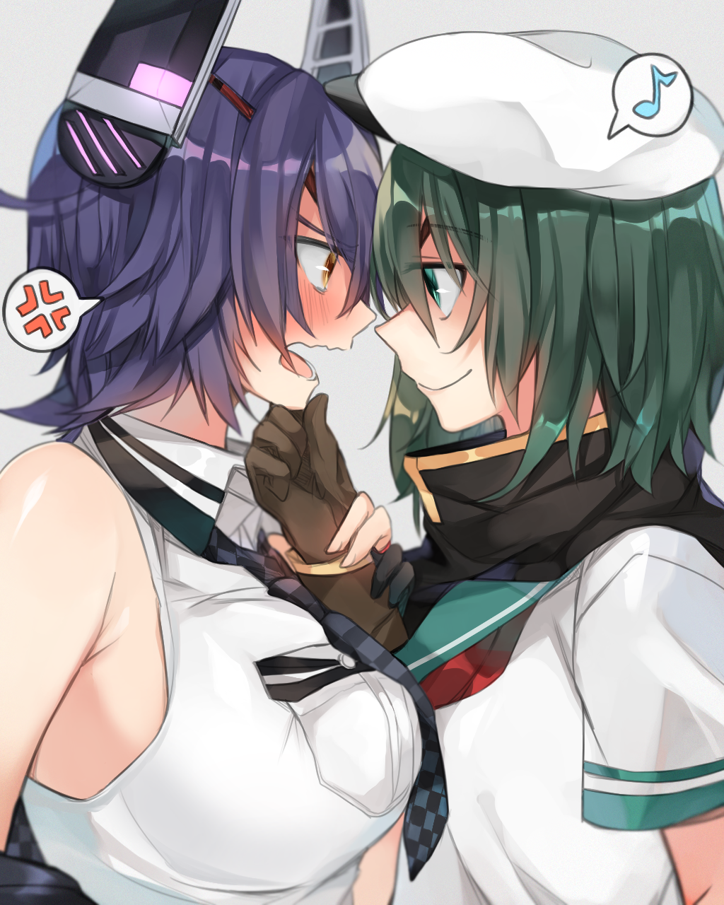 2girls anger_vein asymmetrical_docking bare_shoulders blush breast_pocket breast_press breasts brown_gloves checkered checkered_neckwear chin_grab closed_mouth collared_shirt eye_contact eyepatch face-to-face gloves green_eyes green_hair green_sailor_collar hair_between_eyes hat headgear highres kantai_collection kiso_(kantai_collection) kyusai_kuma large_breasts looking_at_another multiple_girls musical_note necktie nose_blush open_mouth pocket purple_hair remodel_(kantai_collection) sailor_collar sailor_hat school_uniform serafuku shirt short_hair short_sleeves sleeveless sleeveless_shirt smile spoken_anger_vein spoken_musical_note tenryuu_(kantai_collection) upper_body wavy_mouth white_shirt wrist_grab yellow_eyes yuri