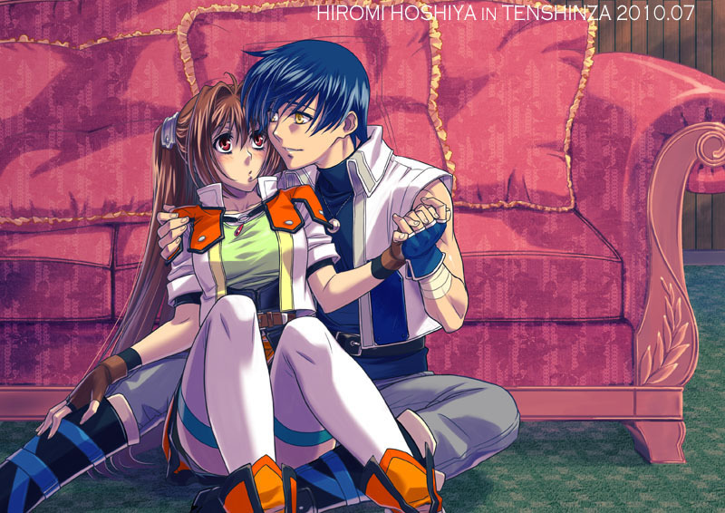 1boy 1girl arm_around_shoulder artist_name belt black_hair blush boots breasts brown_hair couch couple dated eiyuu_densetsu english estelle_bright face-to-face fingerless_gloves gloves hand_holding hetero hiromi_hoshiya hug interlocked_fingers jacket jewelry joshua_astray long_hair looking_at_another medium_breasts miniskirt necklace red_eyes shirt short_hair short_sleeves shoulder_armor sitting sitting_on_lap sitting_on_person skirt smile sora_no_kiseki thigh-highs turtleneck twintails yellow_eyes