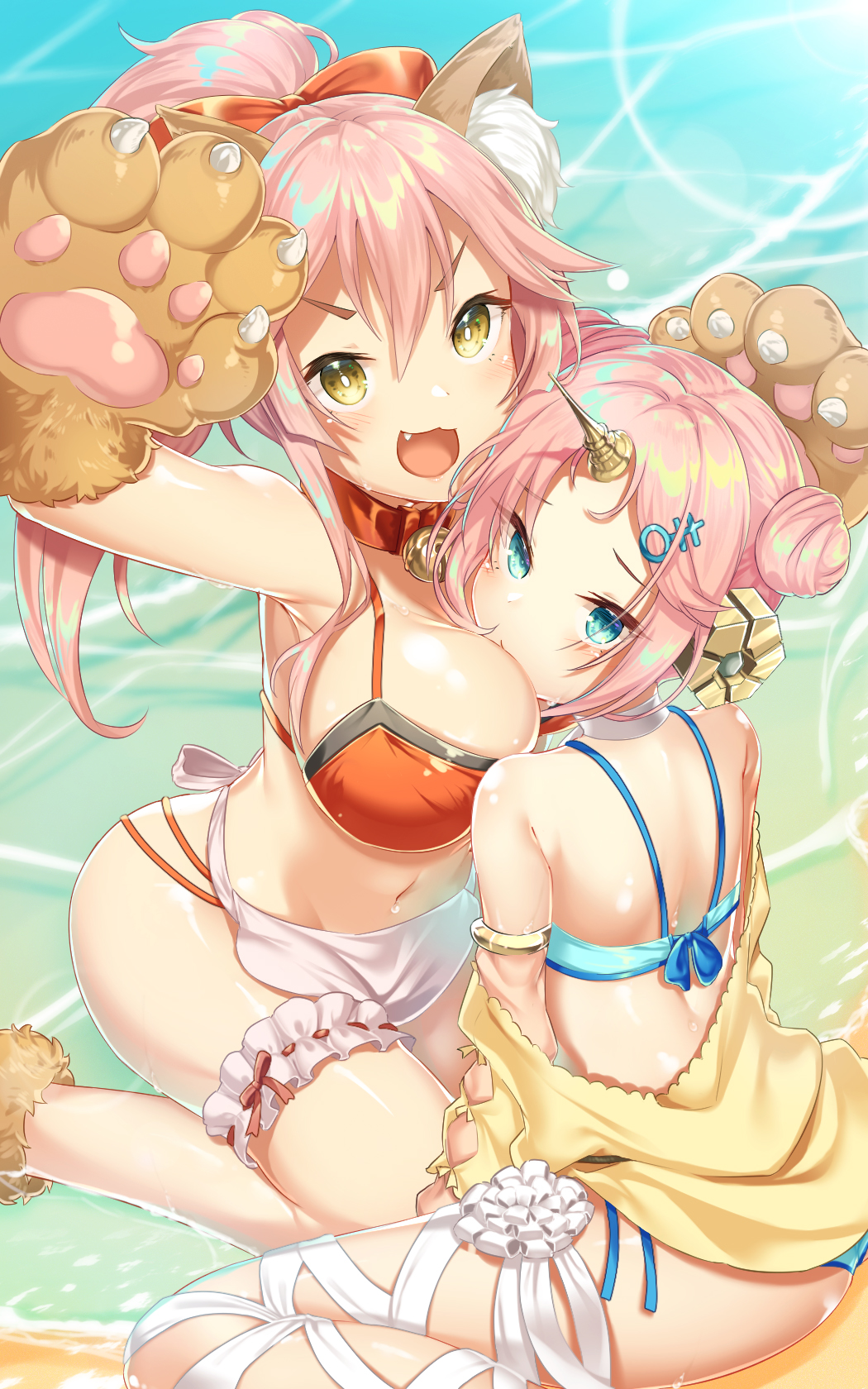 2girls animal_ears bandage bandaged_leg bandages bell bell_collar bikini bikini_skirt blue_bikini breasts cat_paws cleavage collar day double_bun fang fate/grand_order fate_(series) fox_ears fox_tail frankenstein's_monster_(fate) frankenstein's_monster_(swimsuit_saber)_(fate) gloves hair_ornament hair_over_one_eye hair_ribbon hairclip headgear highres horn jacket jingle_bell large_breasts long_hair looking_at_viewer multiple_girls navel ocean open_mouth outdoors paw_gloves paw_shoes paws pink_hair ribbon shoes single_detached_sleeve sleeves_past_wrists swimsuit tail tamamo_(fate)_(all) tamamo_cat_(fate) thiana0225 water