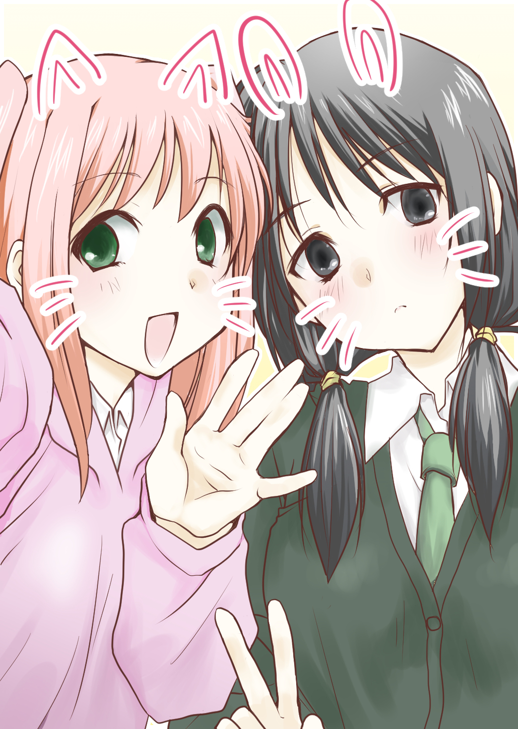 2girls animal_ears bangs black_eyes black_hair blush cat_ears collared_shirt fake_animal_ears fake_whiskers frown green_eyes green_neckwear highres hikaru_(ofuton_at5) long_hair long_sleeves looking_at_viewer low_twintails multiple_girls necktie nemoto_hina open_mouth pink_hair rabbit_ears self_shot shirt smile tamura_yuri twintails two_side_up upper_body watashi_ga_motenai_no_wa_dou_kangaetemo_omaera_ga_warui! whiskers