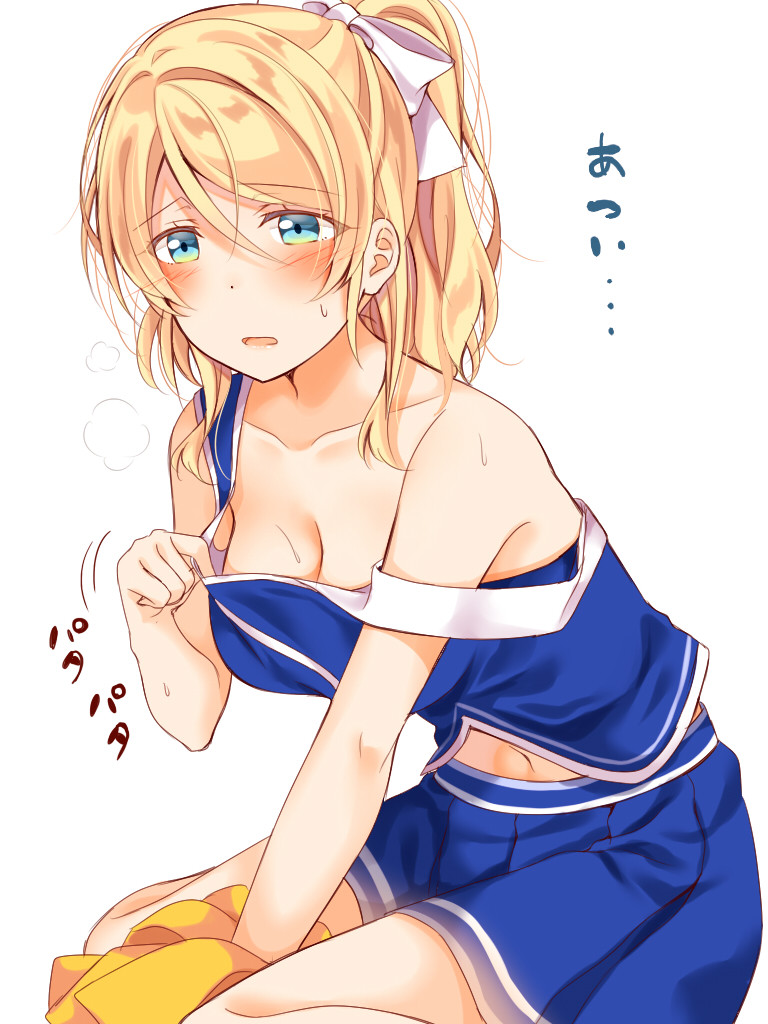 1girl ayase_eli between_legs blonde_hair blue_eyes blue_skirt blue_tank_top blush breasts cheerleader cleavage collar_tug collarbone commentary_request eyebrows_visible_through_hair hair_between_eyes hair_ribbon hand_between_legs heavy_breathing love_live! love_live!_school_idol_project medium_breasts miniskirt mogu_(au1127) navel open_mouth pom_poms ponytail ribbon sidelocks sitting skirt solo strap_slip sweat tank_top translated white_background white_ribbon