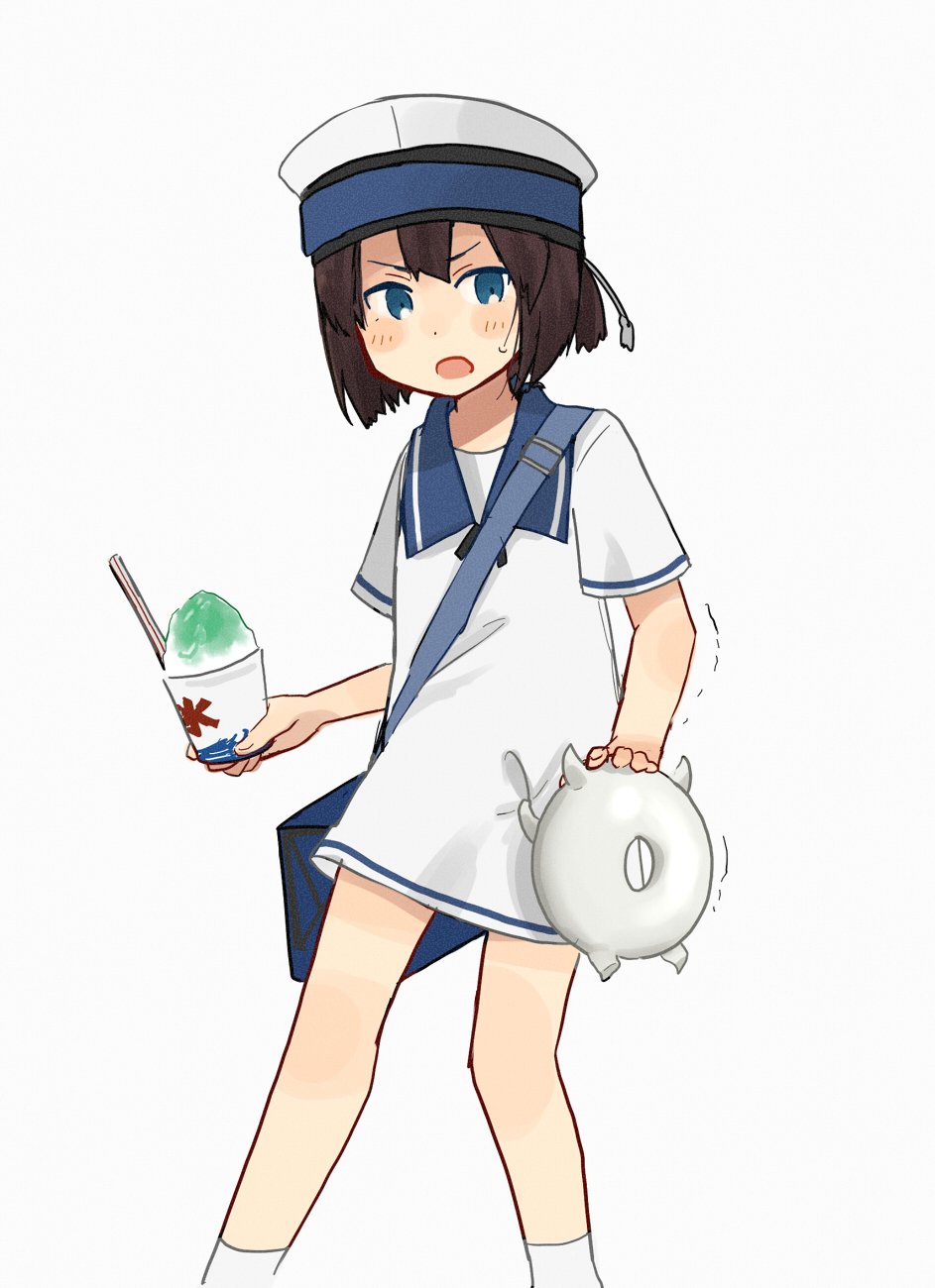 1girl annin_musou blue_eyes brown_hair commentary_request daitou_(kantai_collection) dress enemy_lifebuoy_(kantai_collection) hat highres holding kantai_collection open_mouth ponytail shaved_ice shinkaisei-kan short_hair short_sleeves simple_background socks solo v-shaped_eyebrows white_background white_dress white_hat white_legwear