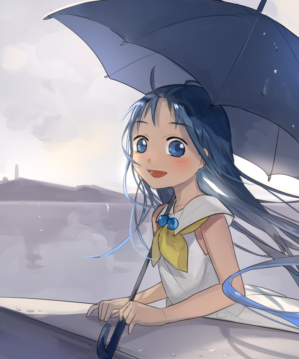 1girl ahoge alternate_costume blue_hair blue_umbrella blush clouds cloudy_sky commentary_request highres holding holding_umbrella kantai_collection long_hair looking_at_viewer open_mouth picube525528 samidare_(kantai_collection) sketch sky smile solo umbrella upper_body water_drop