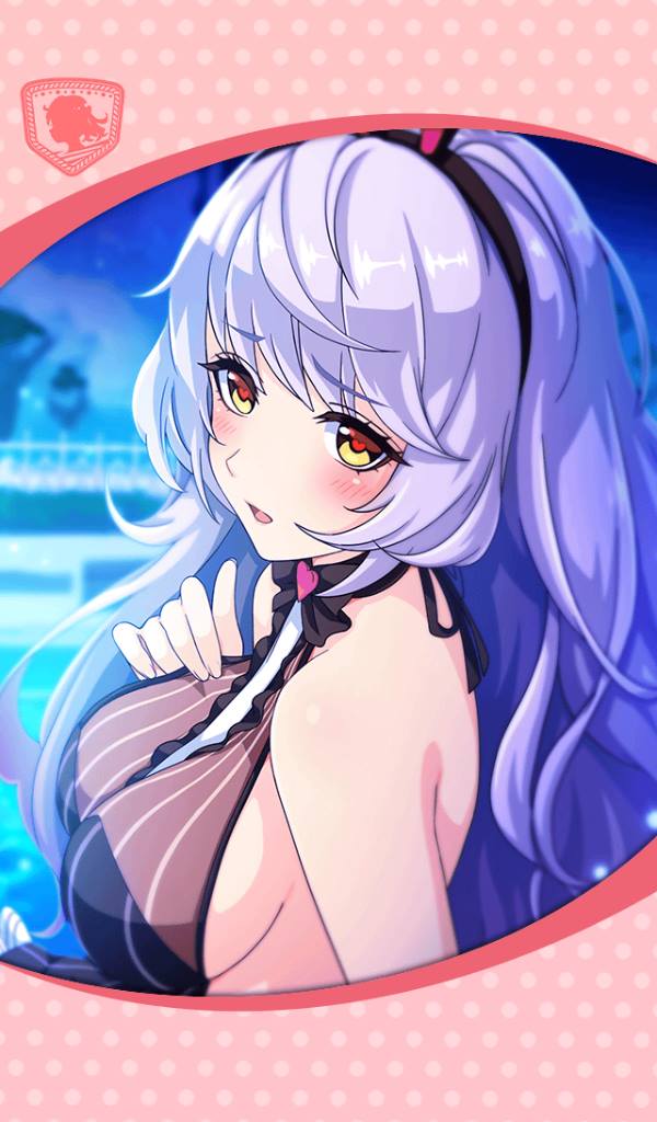 1girl artist_request bangs blush breasts eyebrows_visible_through_hair framed_image hand_on_own_chest harpe_(phantom_of_the_kill) headband heart heart-shaped_pupils large_breasts lavender_hair long_hair official_art open_mouth phantom_of_the_kill swimsuit symbol-shaped_pupils yellow_eyes