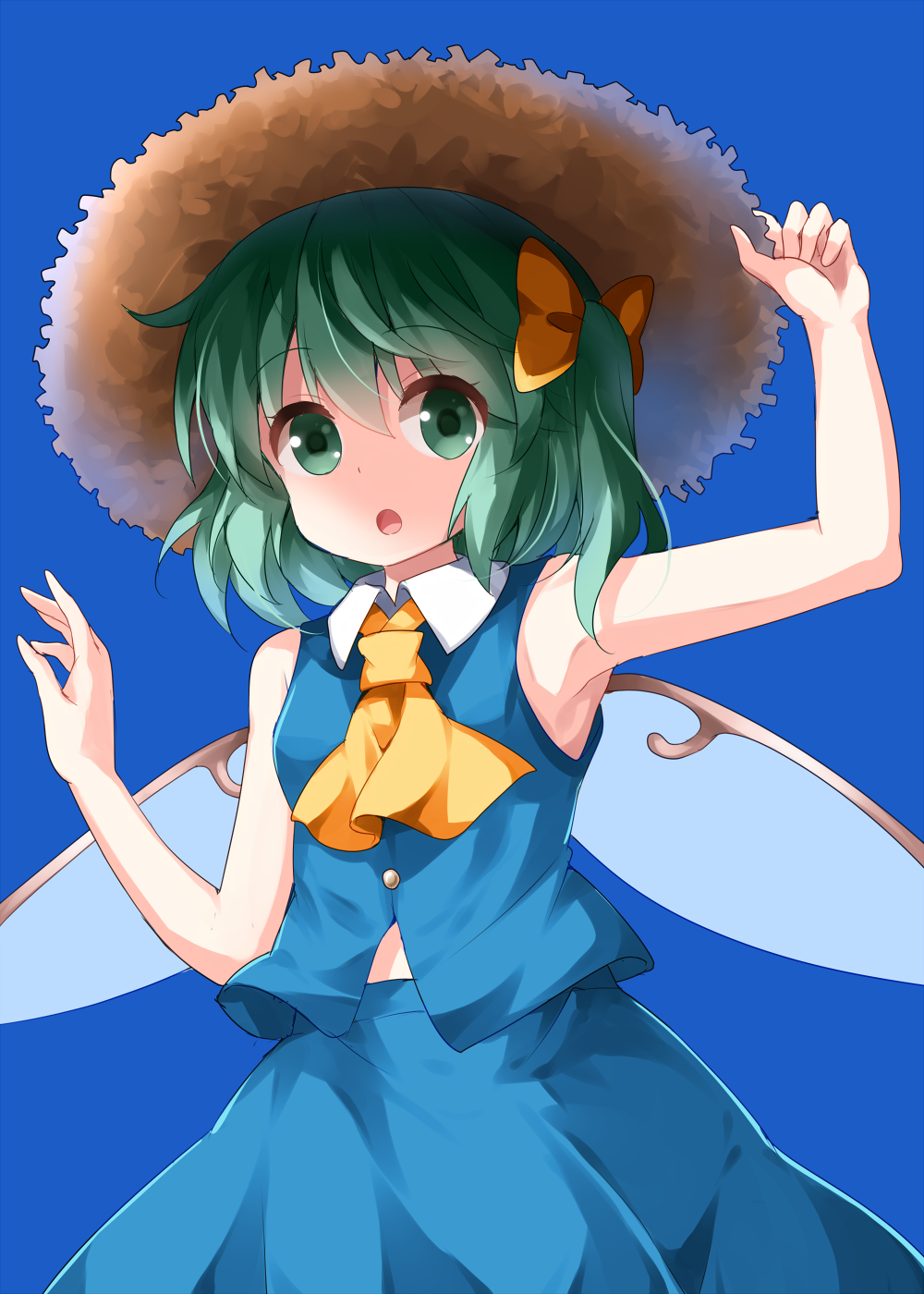 1girl :o arm_up armpits ascot bare_arms bare_shoulders blue_background blue_skirt blue_vest bow breasts brown_hat commentary_request cowboy_shot daiyousei eyebrows_visible_through_hair fairy_wings green_eyes green_hair hair_between_eyes hair_bow hand_up hat highres looking_at_viewer midriff_peek one_side_up open_mouth ruu_(tksymkw) short_hair simple_background skirt sleeveless small_breasts solo touhou vest wing_collar wings yellow_bow yellow_neckwear