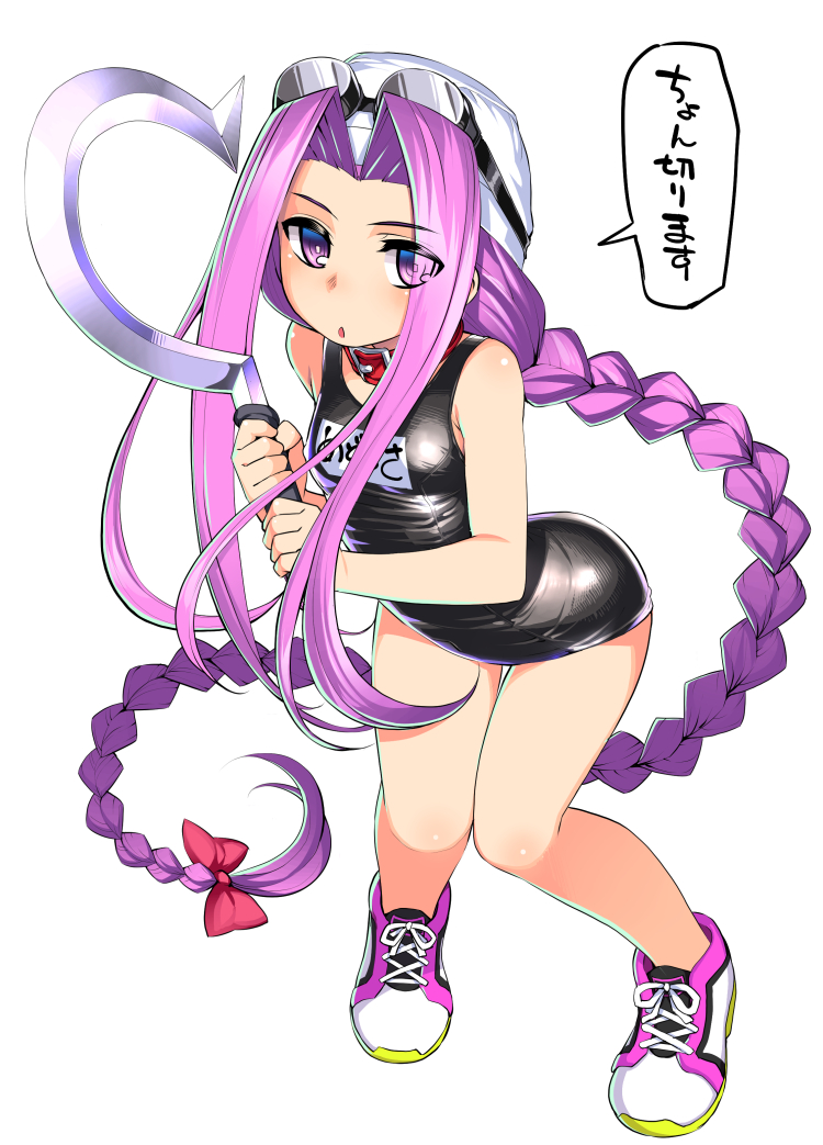 1girl black_school_swimsuit black_swimsuit bow braid collar commentary_request eyebrows_visible_through_hair eyes_visible_through_hair fate/grand_order fate_(series) full_body goggles goggles_on_head hair_bow hair_intakes knees_together_feet_apart leaning_forward long_hair looking_at_viewer medusa_(lancer)_(fate) name_tag namonashi one-piece_swimsuit open_mouth pink_bow purple_hair rider school_swimsuit shoes simple_background sneakers solo swim_cap swimsuit very_long_hair violet_eyes weapon white_background