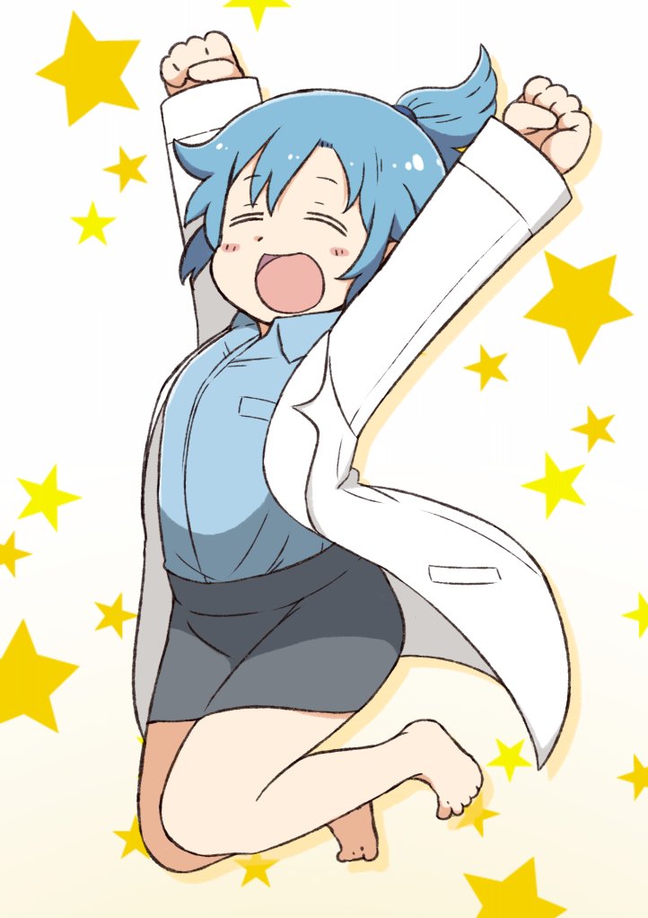 1girl \o/ arms_up bangs barefoot black_skirt blue_hair blue_shirt blush_stickers clenched_hands closed_eyes collared_shirt commentary_request jumping labcoat long_sleeves outstretched_arms pencil_skirt ponytail shirt short_ponytail sidelocks skirt solo star starry_background tsukigi twitter twitter-san twitter-san_(character)