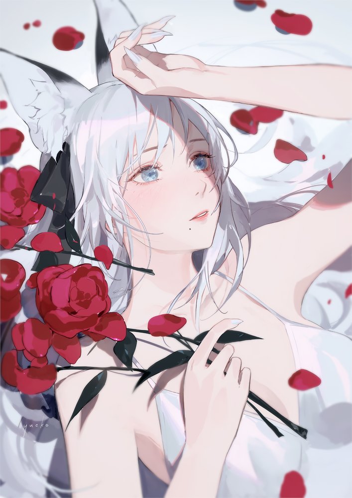 1girl animal_ears bangs bare_shoulders breasts dress fingernails flower fox_ears grey_eyes hair_ribbon lying medium_breasts mole on_back original petals ribbon rose rose_petals signature silver_hair solo white_dress yueko_(jiayue_wu)