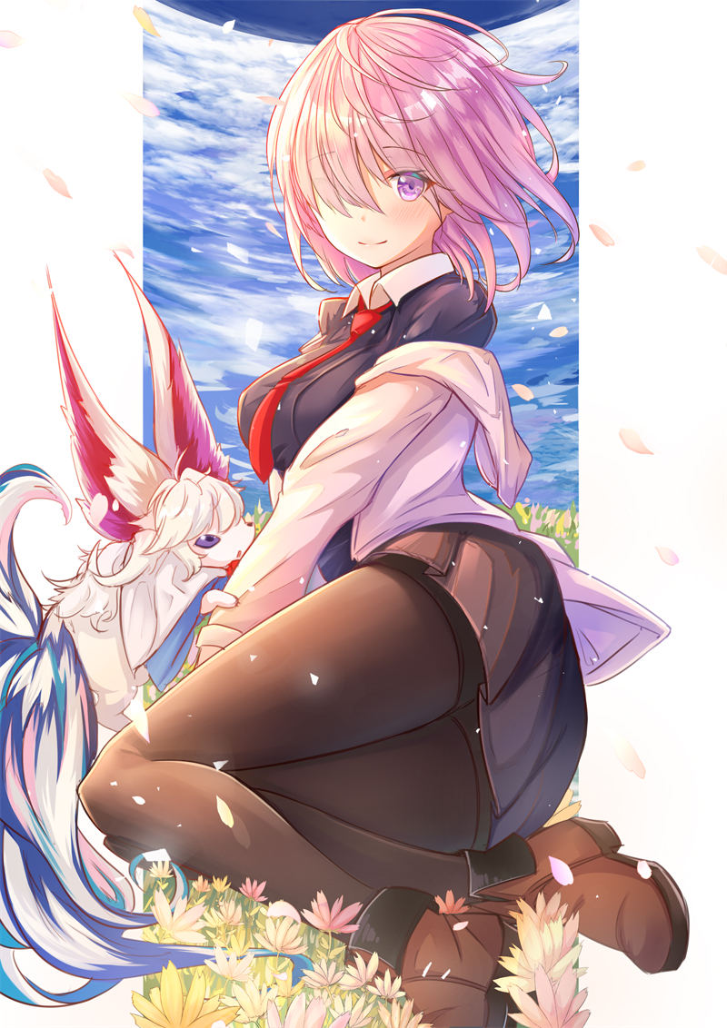 1girl creature eyebrows_visible_through_hair fate/grand_order fate_(series) flower fou_(fate/grand_order) hair_over_one_eye mash_kyrielight necktie petals pink_eyes pink_hair short_hair sky smile thigh-highs zhi_yu_(siro800102)