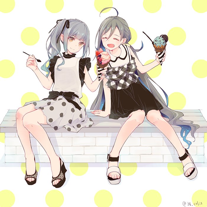 2girls ahoge alternate_costume brown_eyes casual closed_eyes colis commentary_request food full_body grey_hair hair_ribbon ice_cream ice_cream_cone ice_cream_spoon kantai_collection kasumi_(kantai_collection) kiyoshimo_(kantai_collection) long_hair multiple_girls polka_dot polka_dot_background polka_dot_skirt ribbon side_ponytail sitting spoon white_background