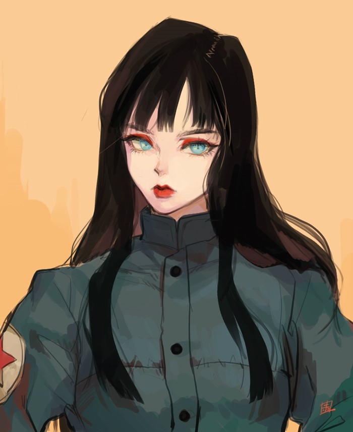 1girl akame_(chokydaum) bangs black_hair blue_eyes close-up coat dragon_ball dragon_ball_(classic) expressionless eyelashes eyeshadow gradient gradient_background green_coat lipstick long_hair long_sleeves looking_away mai_(dragon_ball) makeup orange_background red_lipstick simple_background solo_focus upper_body