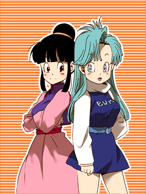 2girls :d arm_at_side back-to-back bangs bare_legs black_eyes black_hair blue_dress blue_eyes blue_hair blush bulma chi-chi_(dragon_ball) chinese_clothes clothes_writing crossed_arms dragon_ball dragonball_z dress eyebrows_visible_through_hair happy horizontal-striped_background long_hair long_sleeves looking_at_another looking_back multiple_girls open_mouth orange_background shaded_face smile standing thighs tied_hair turtleneck two-tone_background upper_body yukimitsuki